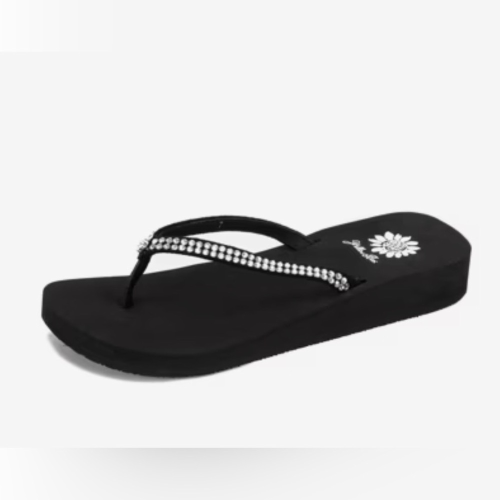 NWOT Yellow Box Jelly Wedge Women's Black Rhinestone Flip Flop Sandals SZ 9.5